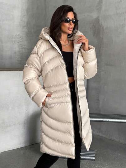 EURMUSE Women Solid Color Zipper And Pocket Detailed Long Winter Coats