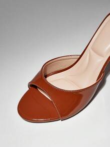 SHUZIA Women's Round Peep Toe Patent High Heel Slides Sandals - Camel - View 7