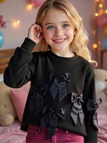 SHEIN Tween Girls Casual All-Match Daily Wear Sweet Bow Decor Round Neck Sweatshirt - Black - View 4