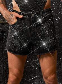 FeverCity Shorts vaqueros casuales y sexys con strass y deshilachados para hombres