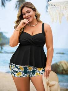 Swim Lushoire 大码女式两件套纯色分体泳衣，搭配花卉印花短裤，休闲海滩度假装