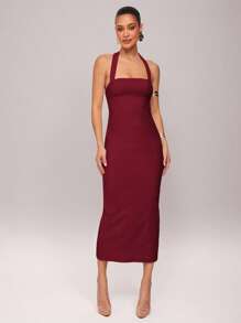 Silquee Early Spring Solid Yellow Romantic Valentine's Day & Date Night Vacation Women's Solid Color Ruffle Hem Halter Cotton Linen Dress, Linen Valentine's Day Dress, Party Dress, Romantic Date Dress, Wedding Bridesmaid Mini Dress, Formal Ball Gown Dress, Daily Commute Dress, White Dress, Birthday Mini Dress, Vacation Dress, Bodycon Midi Dress Midi Dress Halter Midi Dress Tight Midi Dress Elegant Midi Dress Bodycon Dress - Burgundy - View 5