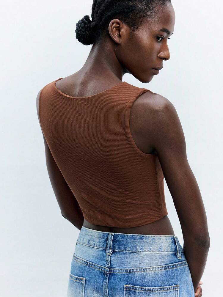 SHEIN Maija 2025 Autumn/Winter Brown Off Shoulder Asymmetric Cut Side Metal Buckle Decor Women's Top, Vintage Chic Urban Business Casual Office Wear, Suitable For Wedding Guest, Party, Concert, Airport, Daily Fashion, Halloween, Christmas, Rural Music Festival