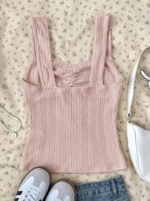 SHEIN Top de camisola de textura de punto con escote en V, lazo y volantes en estilo casual de vacaciones con Estilo BM, versátil y adecuado para deportes, vuelta al colegio, estilo campus, primavera/verano, para adolescentes - Rosa - Ver 2