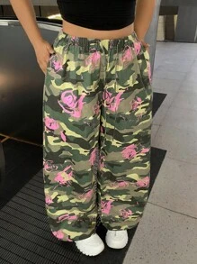 SHEIN EZwear 大码迷彩玫瑰印花宽松裤 - 彩色 - 查看 5