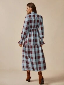 Florisole Women's Casual Plaid Frill Trim Long Sleeve Dress, Suitable For Vacation Plaid Dress Checkered Dress Tie Neck Dress Fall Dress - Multicolor - View 2