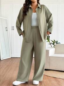 SHEIN Frenchy Conjunto de 2 peças plus size feminino com estampa de listras azuis e brancas, solto e casual - Verde - Ver 6