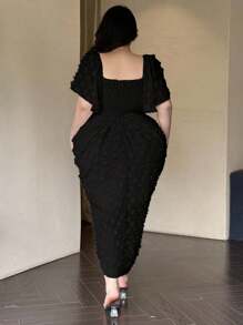 Vibekara 复古法式泡泡袖波尔卡圆点纹理女式派对连衣裙 - 黑色 - 查看 2