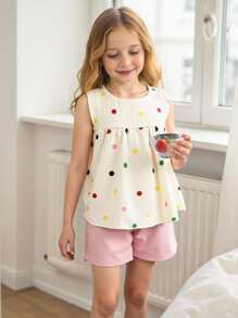 Souflis Souflis 女童白色纯色提花纹理圆领无袖褶皱露脐上衣，搭配粉色弹力腰短裤，舒适简约的法式乡村优雅度假休闲装，适合春夏假期穿着。