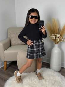 2 件装年轻女孩和年轻女孩高领保暖 T 恤和格子裙套装，女孩秋季休闲装