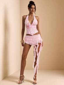 SHEIN BAE 优雅甜美粉色纯色低腰分层荷叶边不对称下摆半身裙，沙滩度假裙，荷叶边裙，可爱夏日半身裙 - 粉色 - 查看 5