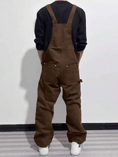 Manfinity EMRG Men's Casual Fashion Versatile Bib Overalls, With Patch Design, Oversized, Summer , Fall Brown Overalls Baggy Overalls Men S Overalls Loose Overalls