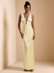 SHEIN BAE 纯黄色性感简约优雅深 V 领系带蕾丝拼接缎面仿丝女式长裙，适合情人节、派对、音乐节、伴娘、舞会、度假 - 黃色 - 查看 4