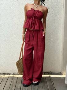 SHEIN EZwear Burgundy Strapless Boho Two-Piece Set With Ruched Bandeau Top And Flowy Pants Boho Jumpsuit - Burgundy - View 7