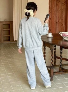 Tween Girl 休闲蕾丝拼布蝴蝶结宽松落肩套头连帽衫和阔腿裤两件套，春秋 - 灰色 - 查看 2