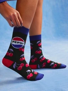 PEPSI X SHEIN 2 Pairs Soft & Breathable Moisture-Wicking Casual Women Crew Socks Fashionable And Cute Cherry Black Crew Socks Reinforced Toe & Heel For Durability All Season All-Match Summer Winter - Multicolor - View 6