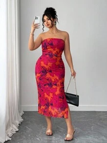 Elenzga Plus Size Women's Fully Allover Print Ruched Fitted Bodycon Dress - Purple - View 1