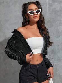 SHEIN EZwear 女式做旧长袖单排扣磨边短款牛仔夹克 - 黑色 - 查看 4