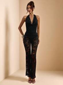 SHEIN BAE Body in pizzo nero da donna, body sgambato con scollo profondo, sexy e trasparente, adatto per concerti, festival musicali, estate - nero - Visualizzare 1