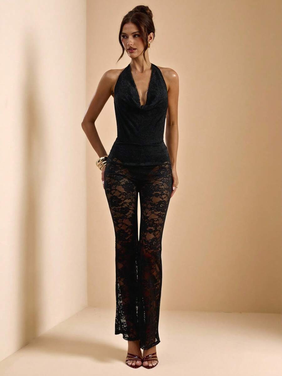 SHEIN BAE Body in pizzo nero da donna, body sgambato con scollo profondo, sexy e trasparente, adatto per concerti, festival musicali, estate - nero - Visualizzare 1