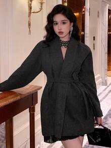 DAZY 女士宽松优雅纯色夹克，适合秋冬季节穿着 - 灰色 - 查看 5