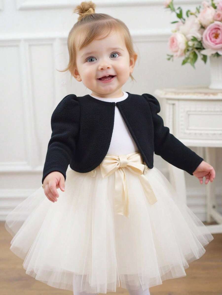 SHEIN 时尚女婴针织长袖短款夹克，黑色，百搭 - 黑色 - 查看 1