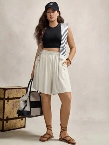 Zelara Women's Plus Size Elastic Waist Shorts With Pockets And Frill Trim