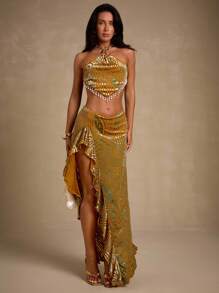 Glamine 天鹅绒荷叶边高开叉优雅半身裙