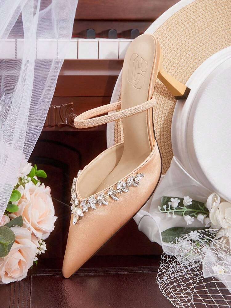 CUCCOO HITCHD Tacones altos de punta afilada con cristales brillantes para mujer, elegantes y glamorosos tacones altos de satén románticos y sexys en color dorado, zapatos de vestir para bodas, novias, damas de honor, fiestas y ocasiones formales