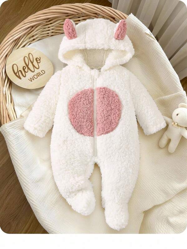 Newborn Baby Girl Cute 3D Ear Hoodie Long Sleeve Contrast Embroidered Plush Romper, Fall/Winter Clothes