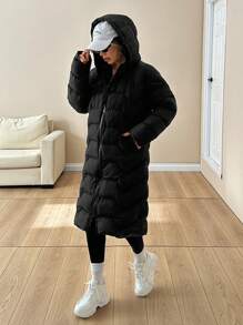 EURMUSE Women Solid Color Zipper And Pocket Detailed Winter Coats - Black - View 6