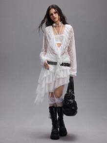 ROMWE EDITION Blus Wanita Berenda Transparan dengan Leher Berlipat Dalam Bergaya Punk Romantis - Putih - View 8