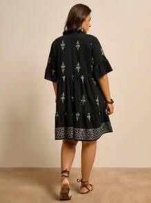 Freevana 大码女式花卉印花度假娃娃裙，夏季 - 黑色 - 查看 2