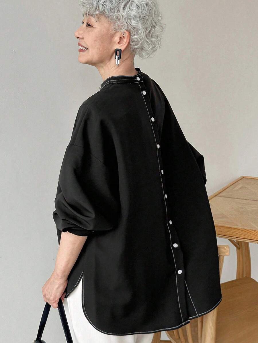 FRIFUL Women's Black Contrast Stitching Decor Back Contrast Button Loose Casual Versatile Dropped Shoulder Long Sleeve Mock Neck Blouse, Business Casual Wear For Women, Autumn