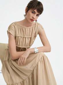 Aalyst Women's Elegant Ruffle Hem A-Line Dress, Summer - Coffee - View 3