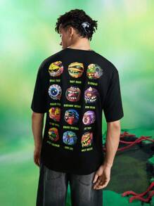 MADBALLS X SHEIN 男士休闲卡通图案圆领短袖T恤，夏季 - 黑色 - 查看 3