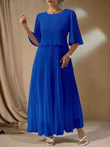 Elenzga Plus Size Solid Color Elegant Lady-Like Chiffon Pleated Dress, Spring/Summer Fall - Royal Blue - View 5