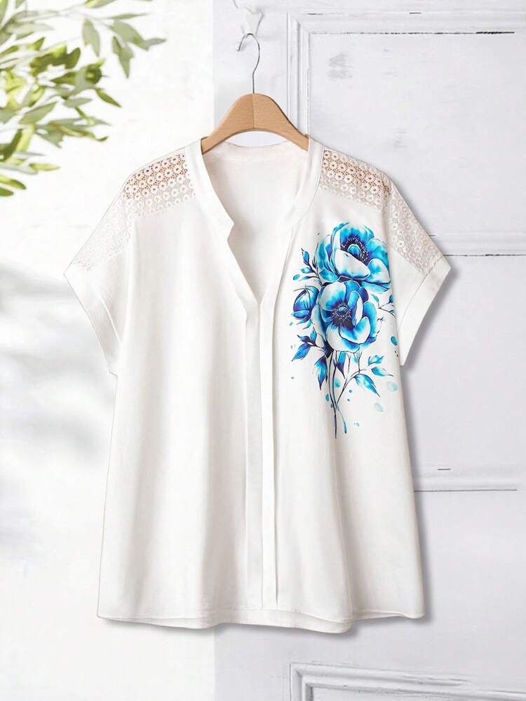 Plus Size Women's Lace Panel Cut-Out Collar Floral Graphic Casual Vacation Blouse, Suitable For Spring/Summer Country Concert Countrys Women