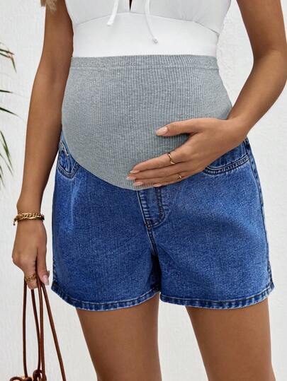 SHEIN Maternity Summer Casual Daily Patchwork Elastic Waist Loose Denim Shorts