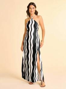 CAJUNI Women's Boho Style Vacation Casual Beach Abstract Stripe Print Halter Backless Maxi Dress - Multicolor - View 3