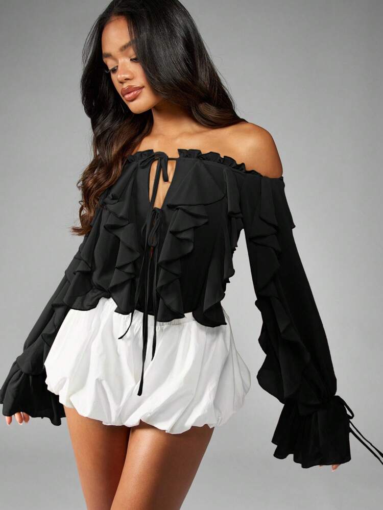 MISSGUIDED Body in chiffon con scollo a spalle scoperte, maniche a campana con volant, stile boho festival Bardot, per occasioni speciali ed eventi serali, con design a palloncino in vita e orlo a goccia