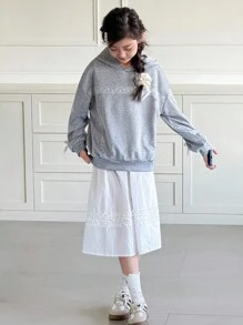 Genkimix Kids 少女休闲时尚运动卫衣，落肩设计，宽松版型，蕾丝边饰，3D蝴蝶结装饰，适合秋季返校穿着 - 灰色 - 查看 5