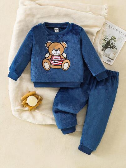 SHEIN Playful Pals Baby Boy Cute Cartoon Bear Pattern Fleece Crew Neck Sweatshirt And Pants Casual Outfit Fall Winter