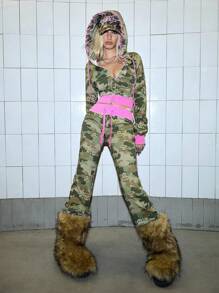 Paul Frank X ROMWE 2件套 Y2K Kpop 亚文化 Baddie 联名 Logo 迷彩印花刺绣卫衣和运动裤套装 - 彩色 - 查看 11