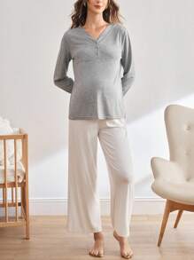 Moonlight&Mama Maternity Solid Color Button Half-Placket Long Sleeve Nursing Functional Homewear Top - Grey - View 5
