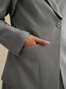 Anewsta 灰色优雅职业女士西装外套，收腰，长袖，独特设计，端庄 - 灰色 - 查看 2