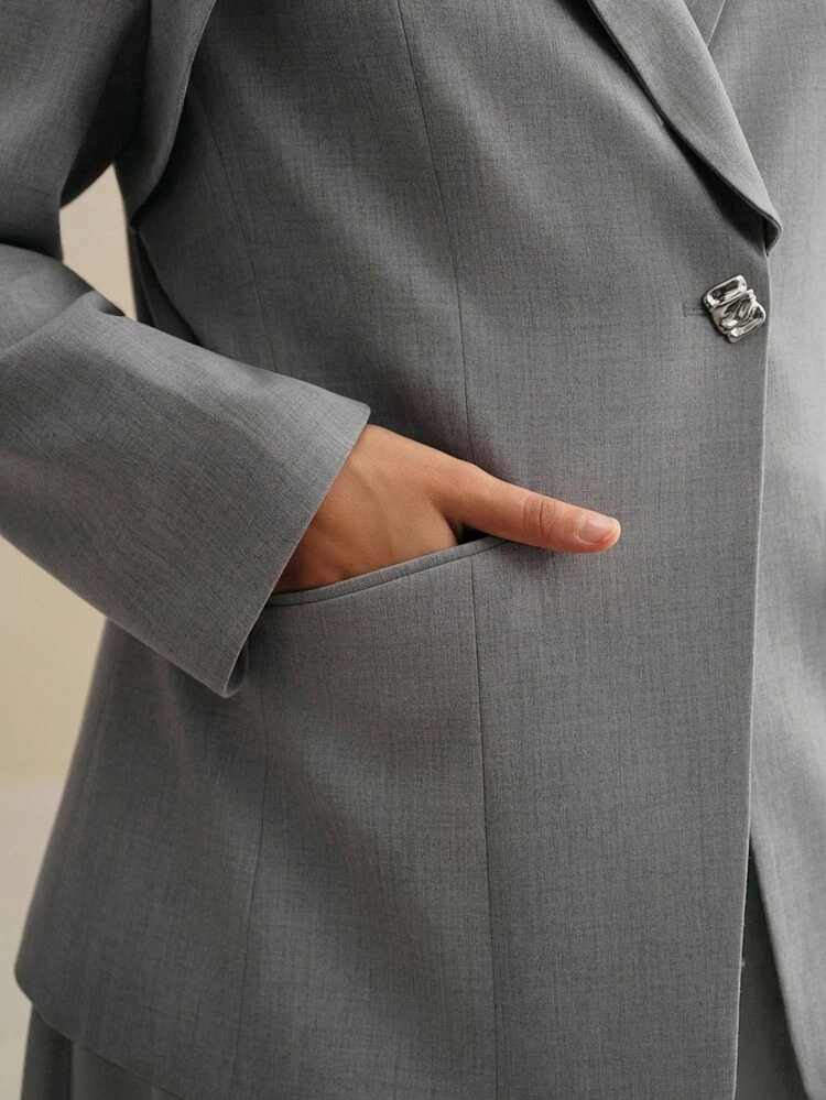 女性用エレガントなプロフェッショナルブレザージャケット、ウエストシェイプ、長袖、ユニークなデザイン、モデスト、グレー