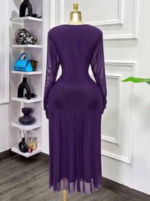 Modelyn Váy lưới xếp ly màu trơn thanh lịch cỡ lớn - Màu tím - Xem 2