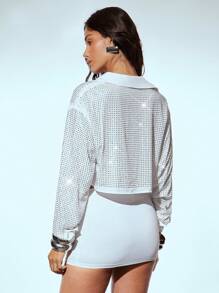 Denimoi Áo croptop tay dài cổ bẻ, đính đá lấp lánh, kiểu dáng xoắn phía trước, cổ khoét sâu, thời trang, thích hợp đi nghỉ mát, Ibiza, mùa hè dễ thương, phong cách mùa hè châu Âu, áo gợi cảm, đi chơi đêm, đi club, đi chơi tối cùng bạn bè, hẹn hò, xem concert - trắng - Xem 2