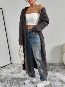 Flirla Women's Twist Cable Pattern Long Sleeve Hooded Long Cardigan, Fashionable & Versatile Fall Winter Cloth For Women - Grey - View 3